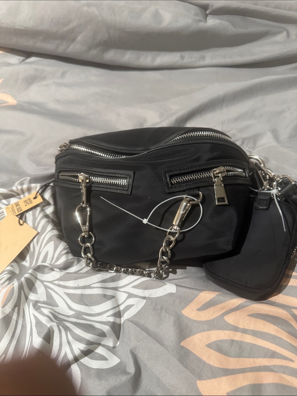 Black Chain-Detail Crossbody Bag with Dual Zips
